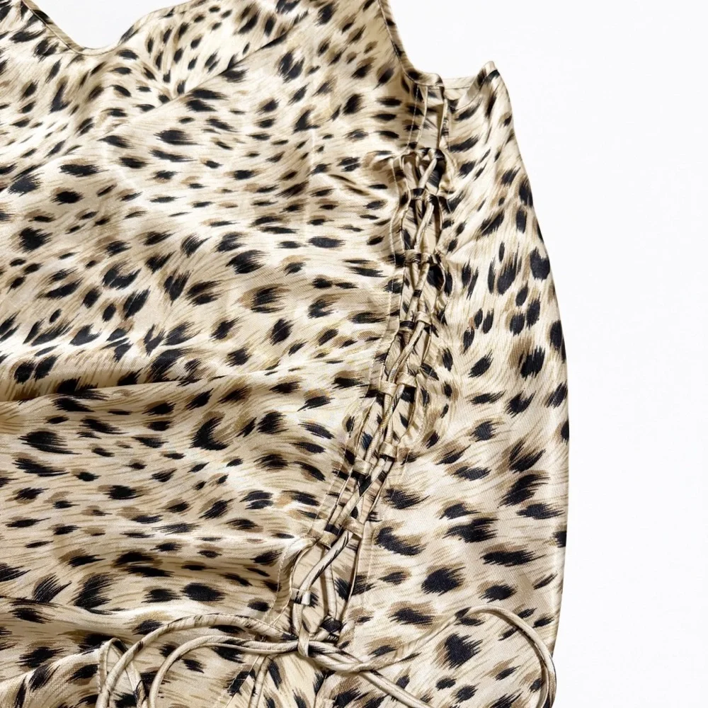 Secret Treasures Leopard Print Satin Lace Up Midi Slip Dress Chemise Nightgown